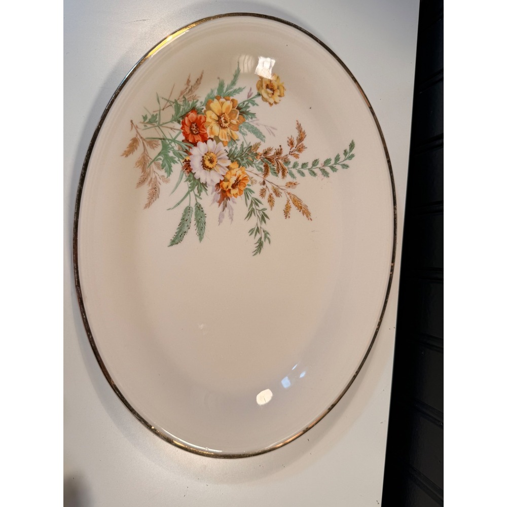 Vintage Union Made Floral Oval Serving Platter Gold Edged Cream 11.5 Inch